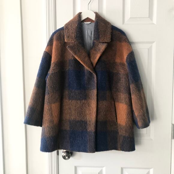 Sosken Bailey Orange Blue Mohair Wool Blend Plaid Cocoon Fall Jacket 2 Medium - Picture 1 of 15